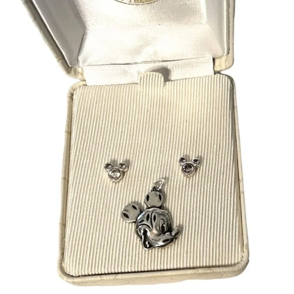 Disney Sterling Silver Vintage Jewelry Pendant Earrings Rhinestone Mickey Mouse - Picture 7 of 7